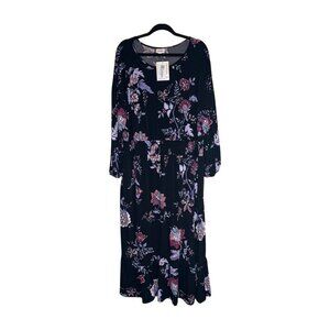 NWT LuLaRoe Evelyn Maxi Dress 2XL Black Purple Pink Floral Smocked Waist Pockets
